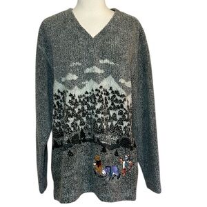 Vintage 90s Disney Catalog Pooh Eeyore Tigger Winter Mountain sweater gray sz L